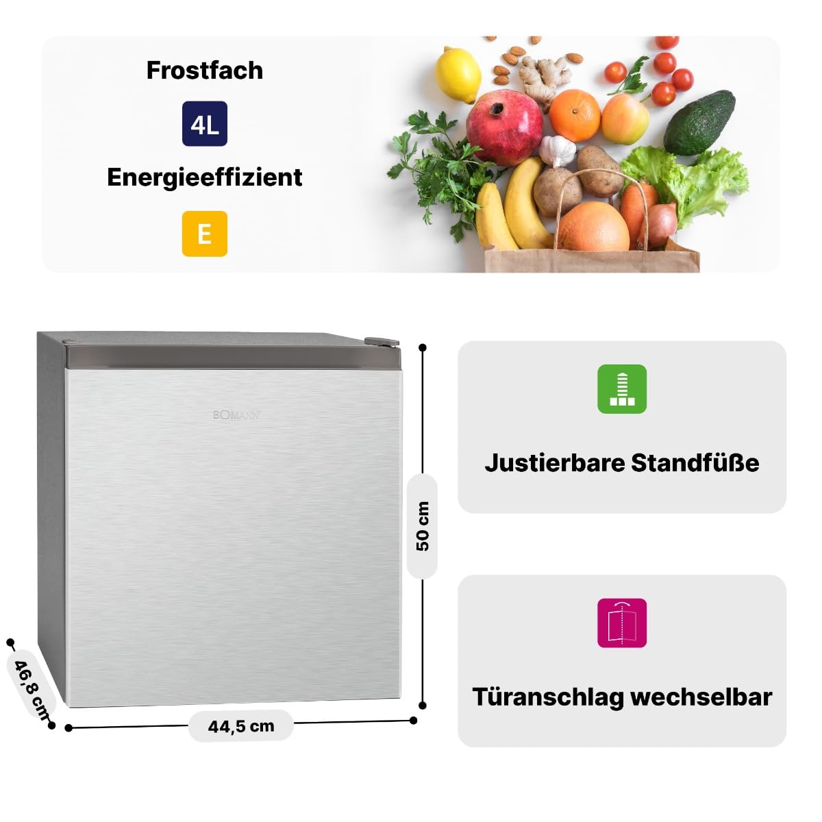 Bomann Mini-Kühlschrank 45L mit Gefrierfach – KB 7245 Inox