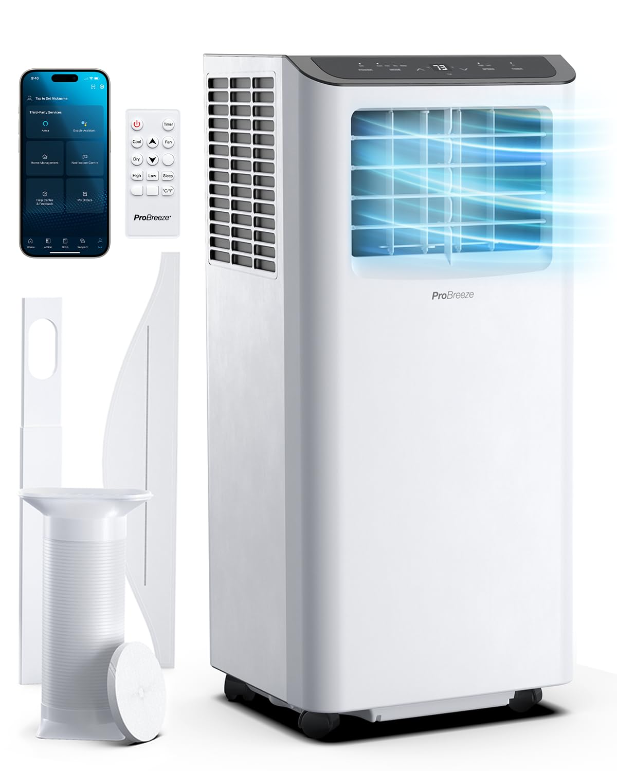 Pro Breeze™ 4-in-1 Mobile Klimaanlage mit 9000 BTU - Luftkühler, Ventilator, Luftentfeuchter, Nachtmodus - Klimagerät mit Energieklasse A, Fensterabdichtung Set, Fernbedienung und 24h Timer