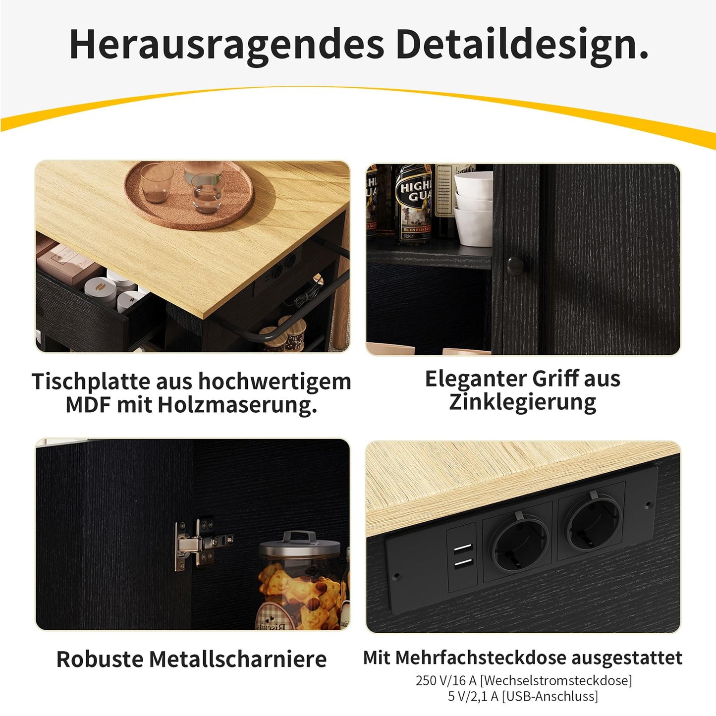 DRIXNO Kücheninsel mit Steckdosenleiste & Holzmaserung Schwarz