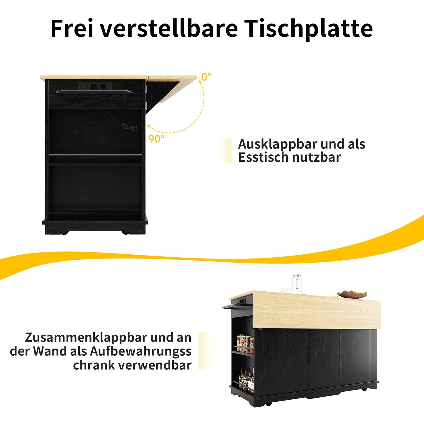DRIXNO Kücheninsel mit Steckdosenleiste & Holzmaserung Schwarz