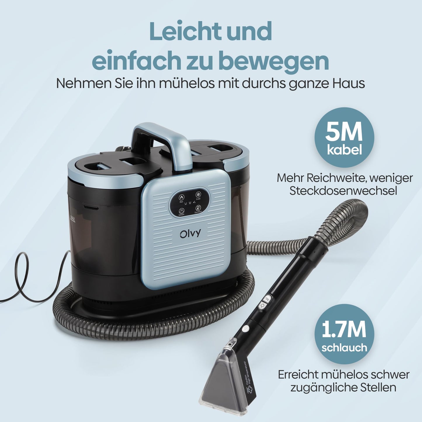 Olvy Teppichreiniger PRO 1650W – Nasssauger mit 100°C Dampf