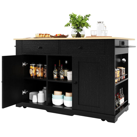 DRIXNO Kücheninsel mit Steckdosenleiste & Holzmaserung Schwarz