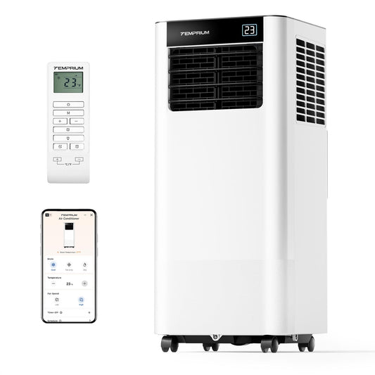 Temprium Mobile Klimaanlage 9000BTU 2,6Kw mit Abluftschlauch | 3-in-1 Mobiles Klimagerät | Fensterabdichtung | APP-Steuerung + Fernbedienung | Leiser Betrieb <48dB | 24h-Timer | Für Räume bis 25m²