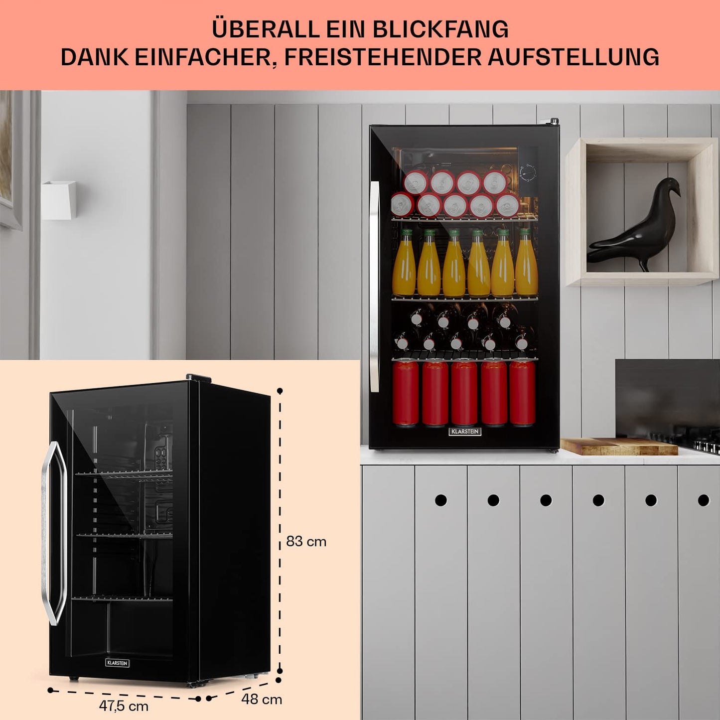 Klarstein Getränkekühlschrank 80 L mit Glastür – Schwarz, leise