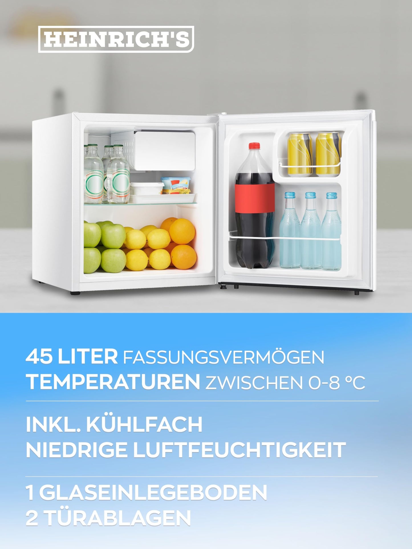 HEINRICHS Mini Kühlschrank 45 L leise 39 dB mit Kühlfach Weiß