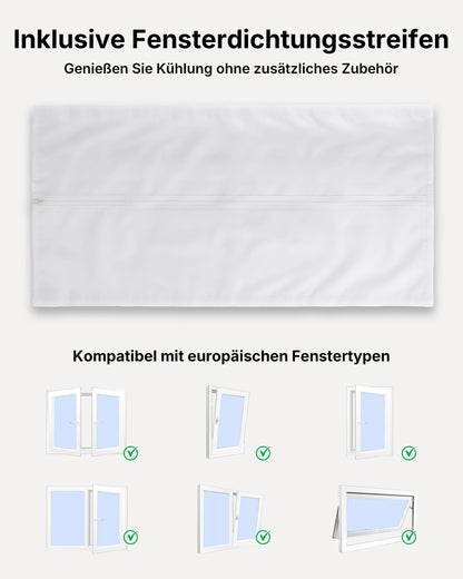 Temprium Mobile Klimaanlage 9000BTU 2,6Kw mit Abluftschlauch | 3-in-1 Mobiles Klimagerät | Fensterabdichtung | APP-Steuerung + Fernbedienung | Leiser Betrieb <48dB | 24h-Timer | Für Räume bis 25m²