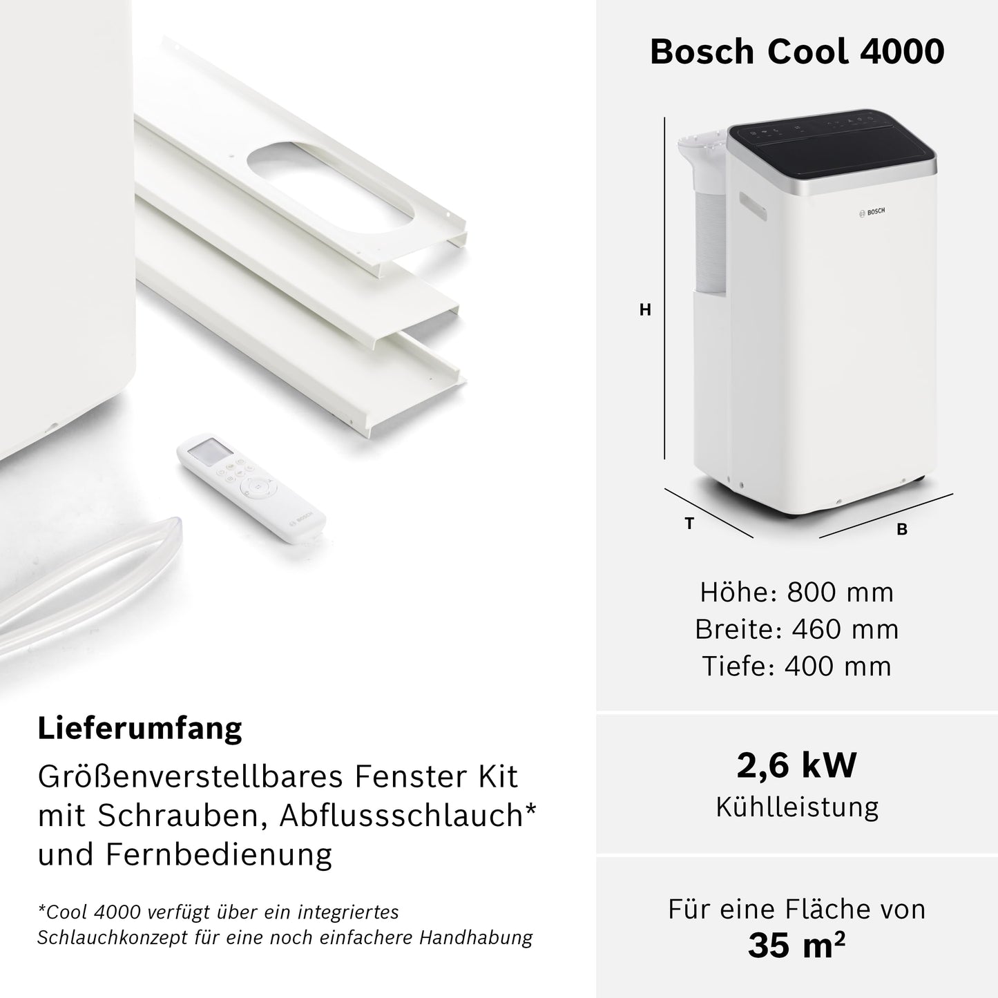 Bosch Cool 4000 Mobiles Klimagerät 3-in-1 – 2,6 kW bis 35 m²