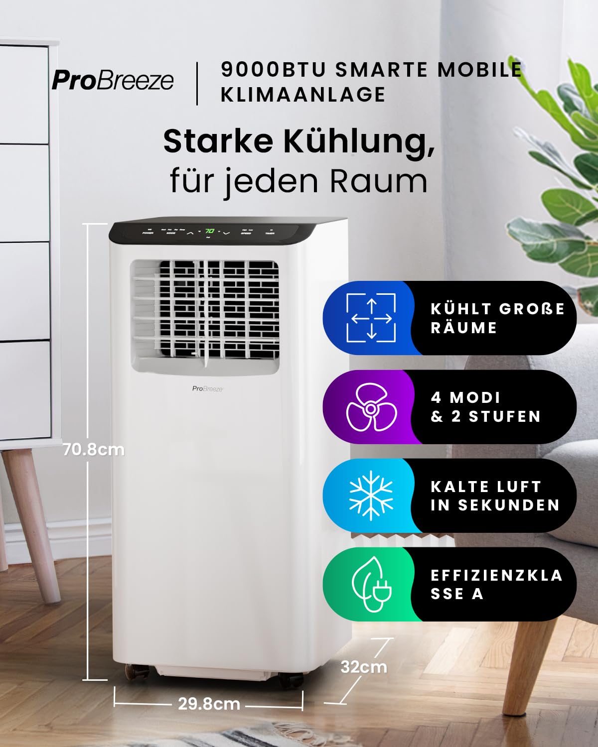 Pro Breeze™ 4-in-1 Mobile Klimaanlage mit 9000 BTU - Luftkühler, Ventilator, Luftentfeuchter, Nachtmodus - Klimagerät mit Energieklasse A, Fensterabdichtung Set, Fernbedienung und 24h Timer