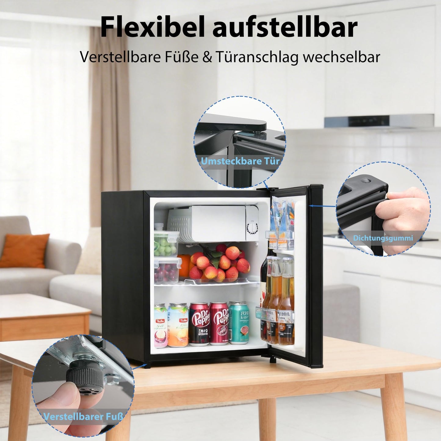Techomey Kühlschrank 46L, Mini Kühlschrank Schwarz, Leise Kühlschrank Klein 39dB, Minikühlschrank mit Umkehrbare Tür 220-240V, Minibar für Zimmer, Hotel,Büro,Küche,Wohnungen