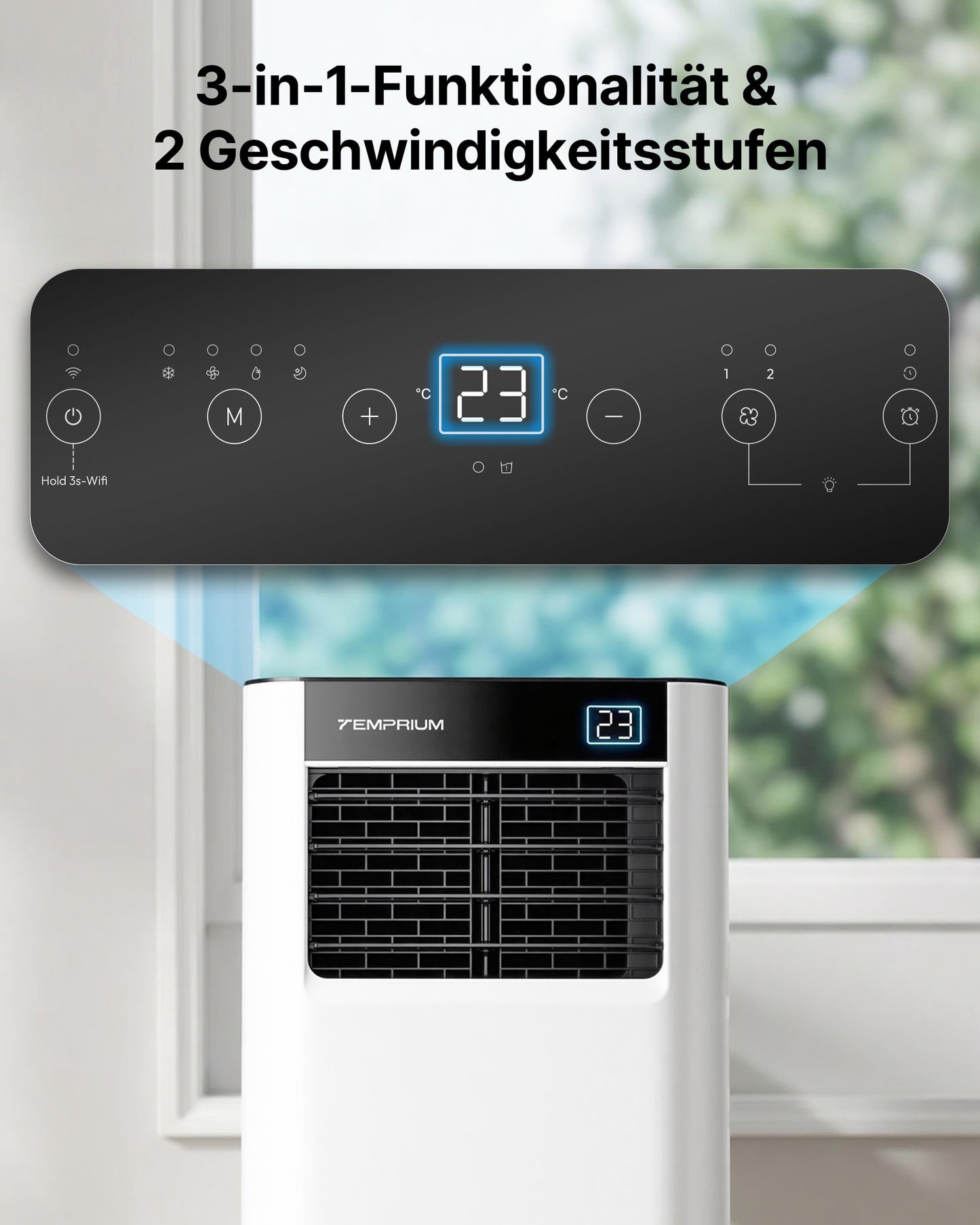 Temprium Mobile Klimaanlage 9000BTU 2,6Kw mit Abluftschlauch | 3-in-1 Mobiles Klimagerät | Fensterabdichtung | APP-Steuerung + Fernbedienung | Leiser Betrieb <48dB | 24h-Timer | Für Räume bis 25m²