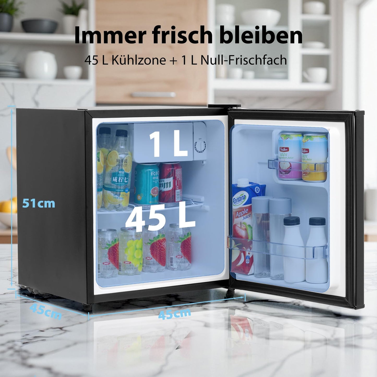 Techomey Kühlschrank 46L, Mini Kühlschrank Schwarz, Leise Kühlschrank Klein 39dB, Minikühlschrank mit Umkehrbare Tür 220-240V, Minibar für Zimmer, Hotel,Büro,Küche,Wohnungen