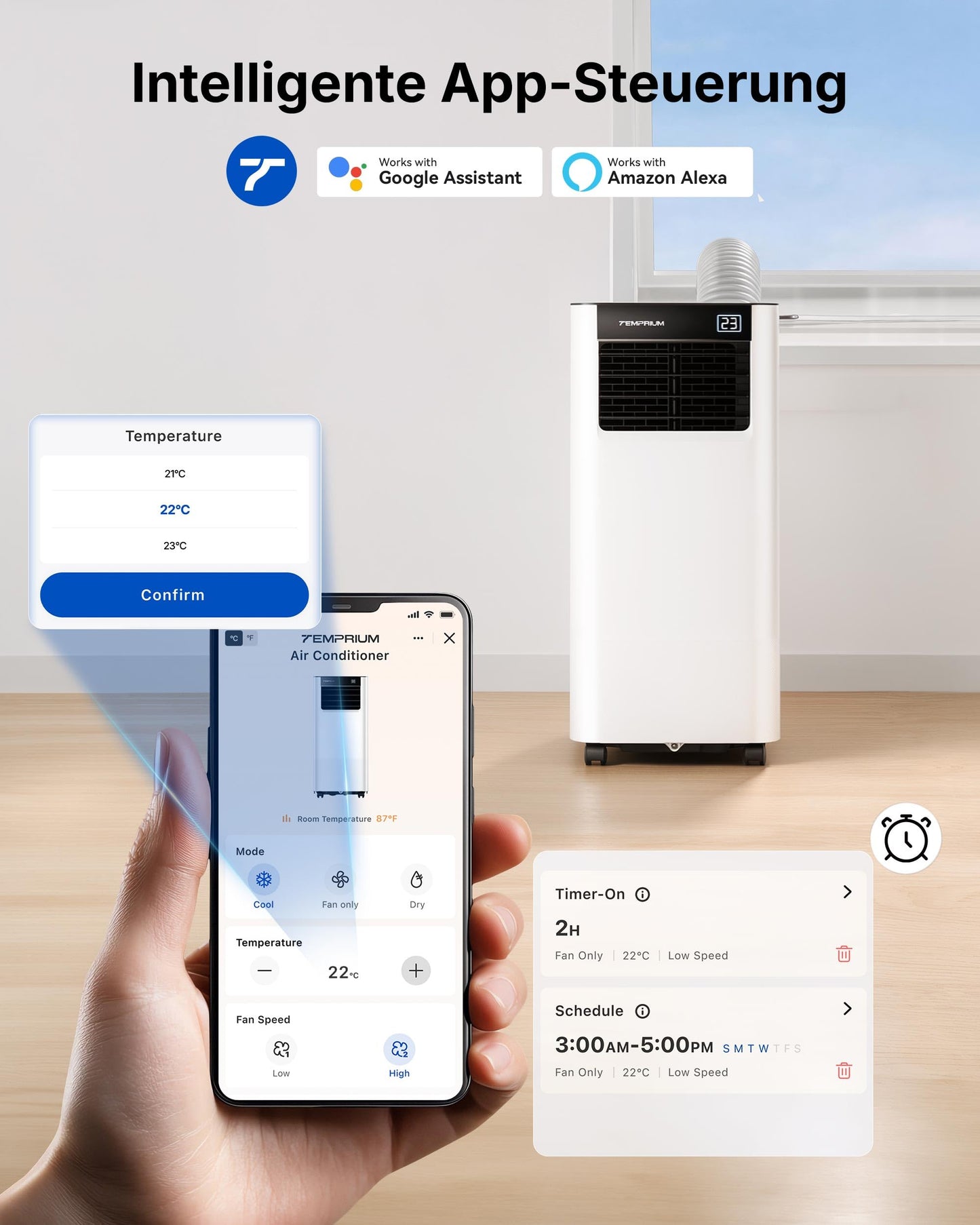 Temprium Mobile Klimaanlage 9000BTU 2,6Kw mit Abluftschlauch | 3-in-1 Mobiles Klimagerät | Fensterabdichtung | APP-Steuerung + Fernbedienung | Leiser Betrieb <48dB | 24h-Timer | Für Räume bis 25m²