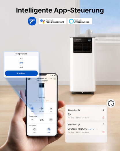 Temprium Mobile Klimaanlage 9000BTU 2,6Kw mit Abluftschlauch | 3-in-1 Mobiles Klimagerät | Fensterabdichtung | APP-Steuerung + Fernbedienung | Leiser Betrieb <48dB | 24h-Timer | Für Räume bis 25m²