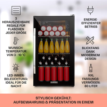 Klarstein Getränkekühlschrank 80 L mit Glastür – Schwarz, leise