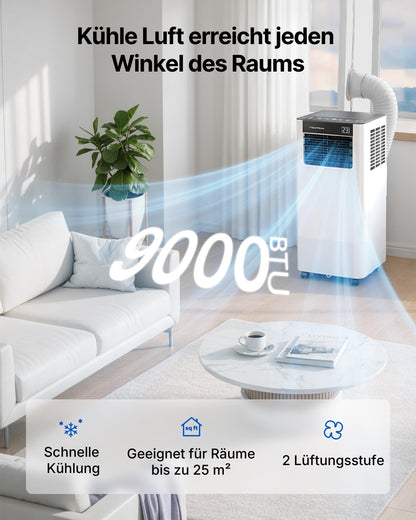 Temprium Mobile Klimaanlage 9000BTU 2,6Kw mit Abluftschlauch | 3-in-1 Mobiles Klimagerät | Fensterabdichtung | APP-Steuerung + Fernbedienung | Leiser Betrieb <48dB | 24h-Timer | Für Räume bis 25m²