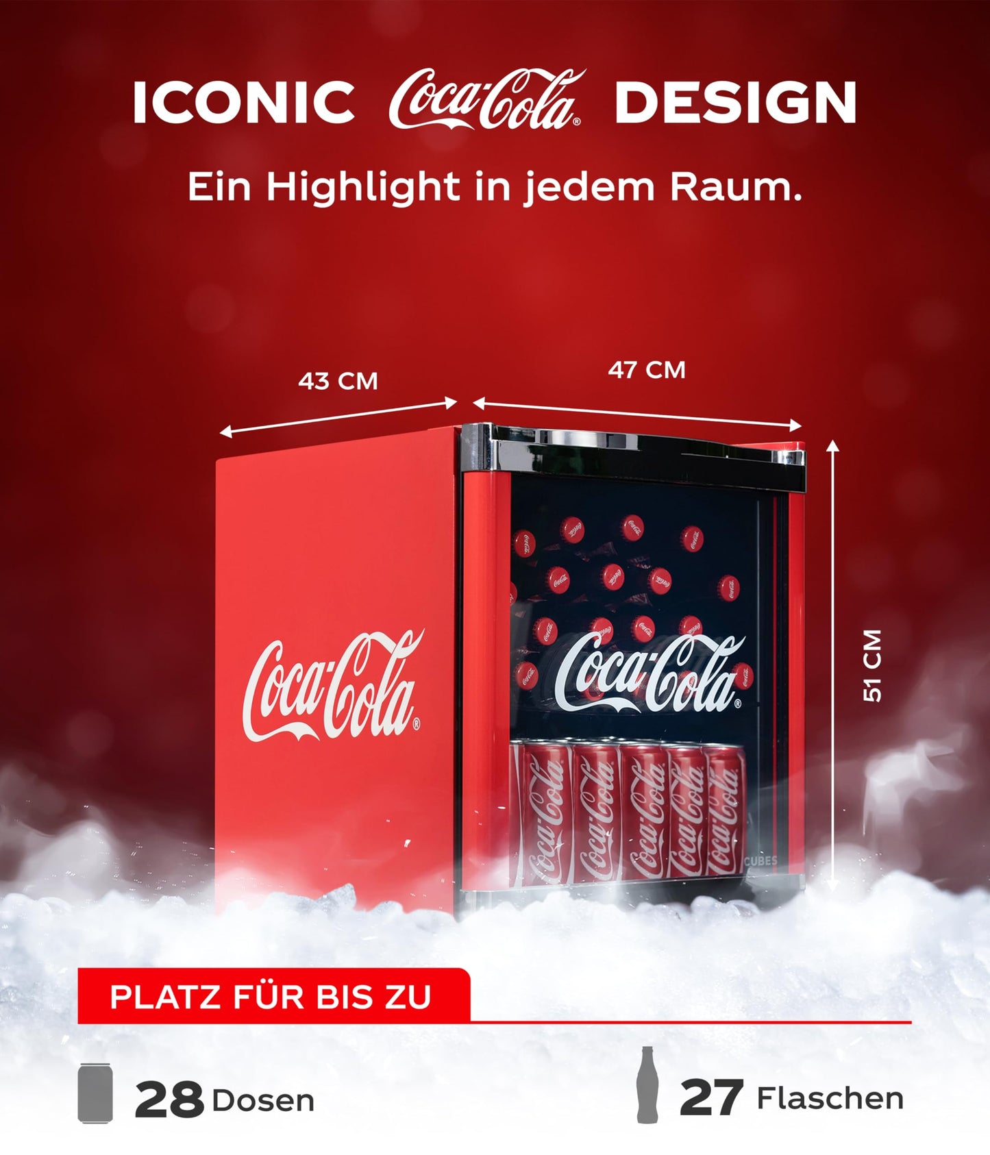 CUBES Coca-Cola Mini Kühlschrank 48L – Rot mit Glastür