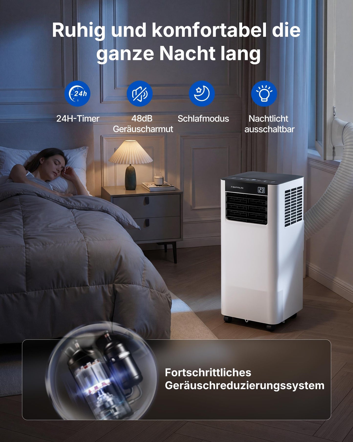 Temprium Mobile Klimaanlage 9000BTU 2,6Kw mit Abluftschlauch | 3-in-1 Mobiles Klimagerät | Fensterabdichtung | APP-Steuerung + Fernbedienung | Leiser Betrieb <48dB | 24h-Timer | Für Räume bis 25m²