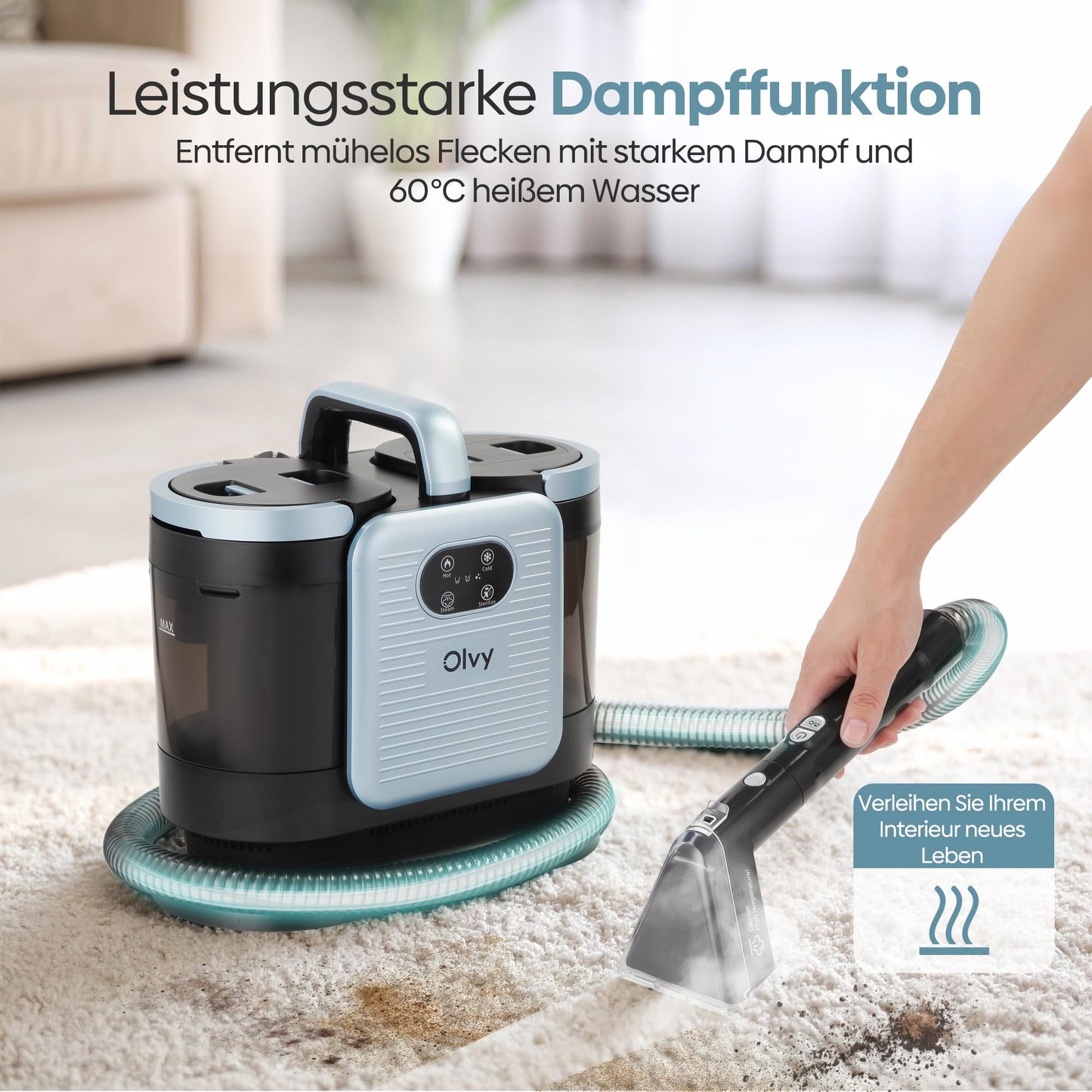 Olvy Teppichreiniger PRO 1650W – Nasssauger mit 100°C Dampf
