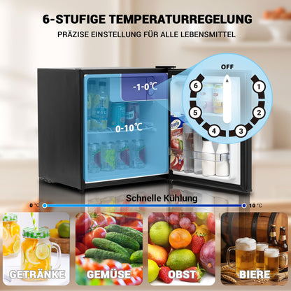 Techomey Kühlschrank 46L, Mini Kühlschrank Schwarz, Leise Kühlschrank Klein 39dB, Minikühlschrank mit Umkehrbare Tür 220-240V, Minibar für Zimmer, Hotel,Büro,Küche,Wohnungen