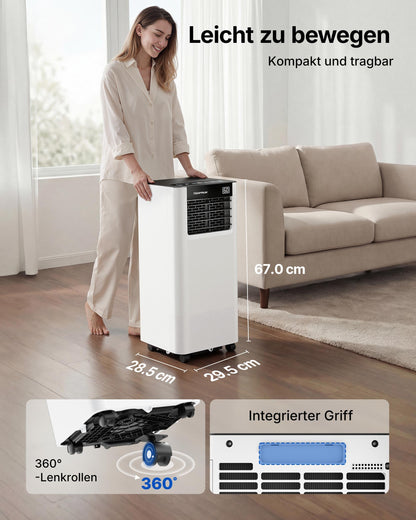 Temprium Mobile Klimaanlage 9000BTU 2,6Kw mit Abluftschlauch | 3-in-1 Mobiles Klimagerät | Fensterabdichtung | APP-Steuerung + Fernbedienung | Leiser Betrieb <48dB | 24h-Timer | Für Räume bis 25m²