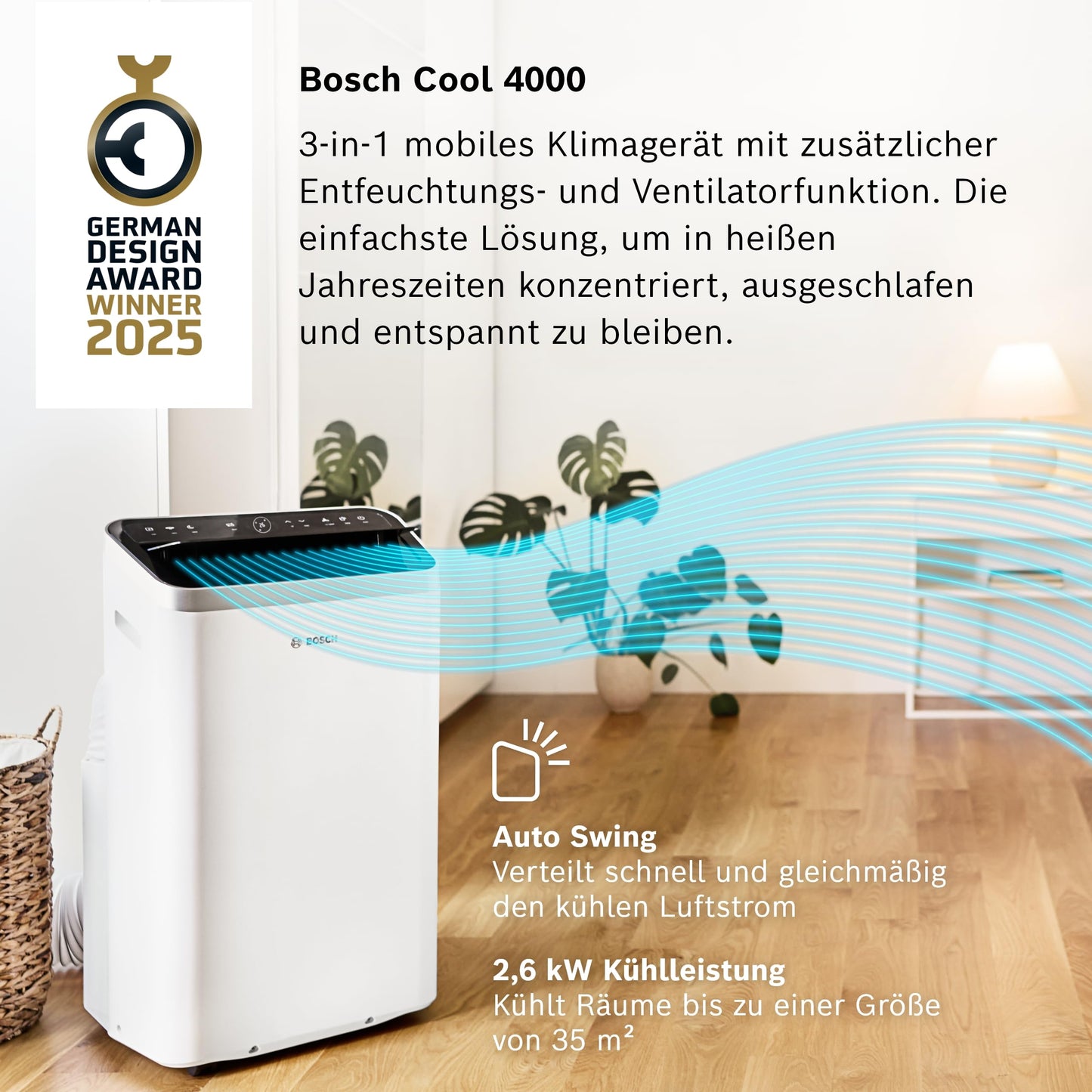 Bosch Cool 4000 Mobiles Klimagerät 3-in-1 – 2,6 kW bis 35 m²