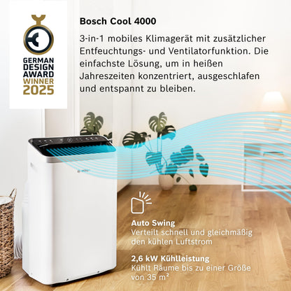 Bosch Cool 4000 Mobiles Klimagerät 3-in-1 – 2,6 kW bis 35 m²