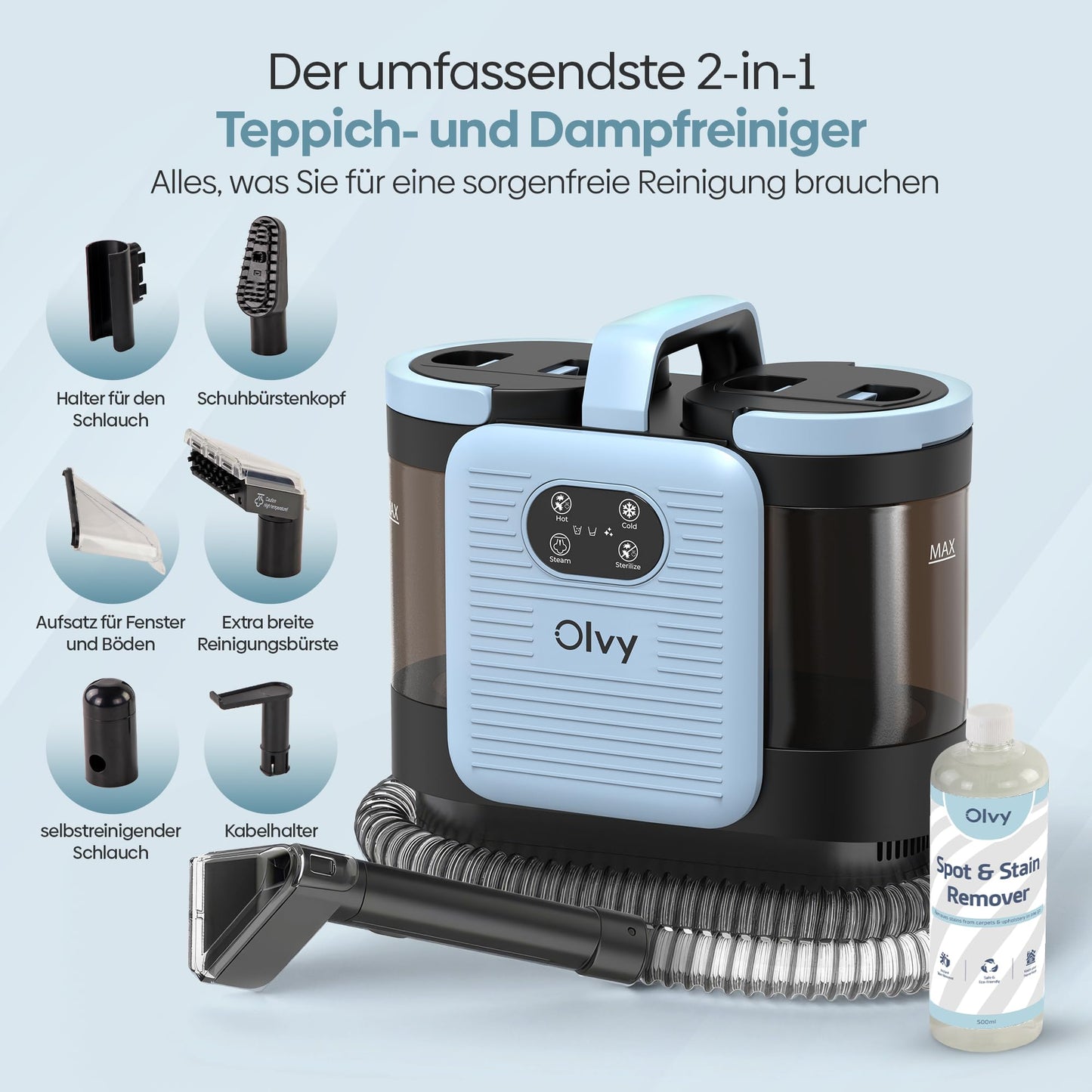 Olvy Teppichreiniger PRO 1650W – Nasssauger mit 100°C Dampf
