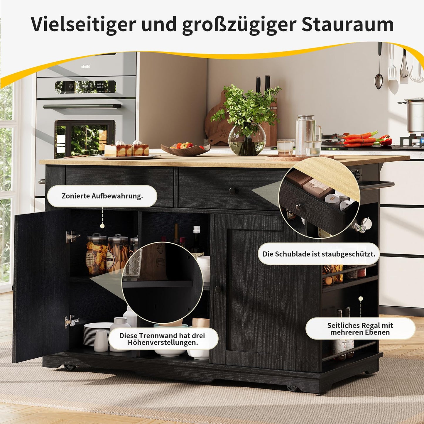 DRIXNO Kücheninsel mit Steckdosenleiste & Holzmaserung Schwarz
