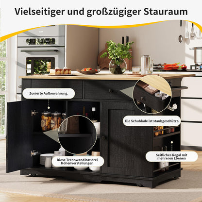 DRIXNO Kücheninsel mit Steckdosenleiste & Holzmaserung Schwarz